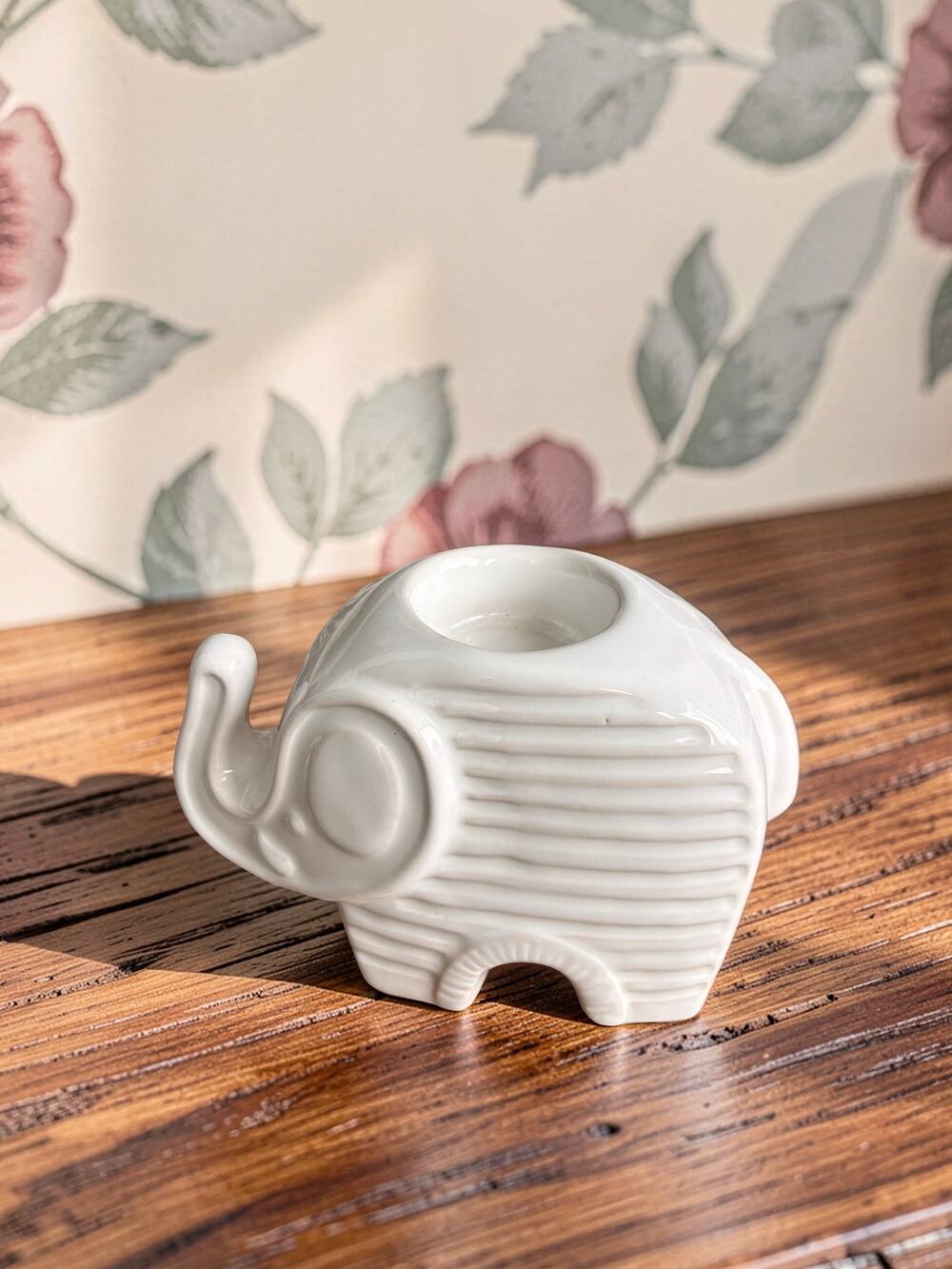 White Ceramic Elephant Tealight Votive Candle Holder 6” Boho Home Decor
